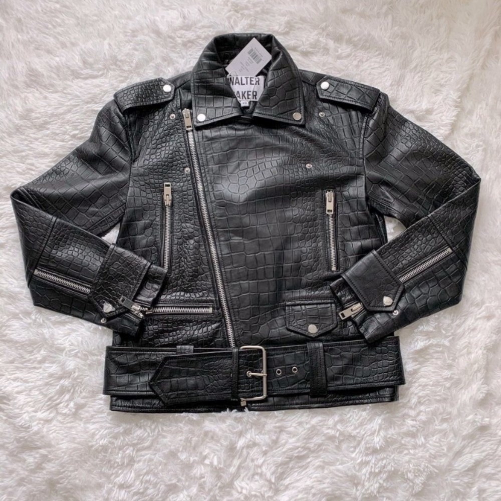 Walter Baker Black and Silver Lamb Skin Leather Motorcycle Jacket